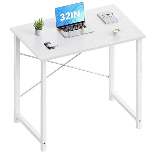 OLIXIS Small Computer Desk for Home Office, 32 Inch White Writing Desk for Small Spaces, Study Table with X-Shaped Reinforcement, Sturdy Bedroom Table with Scratch-Resistant Tabletop & Metal Frame