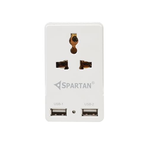 Image of Spartan 3 Pin All Multiplug Charger /Travel Adapter, 10A Power Sockets / 2Pin & 3Pin Socket Adapter with Dual USB Charging Port (White, Pack of 1)