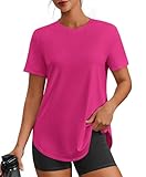 PINSPARK Damen Sport T-Shirt UPF 50 Sonnenschutz Schnelltrocknend Funktionsshirt Fitness Workout Yoga Top Rosarot XL