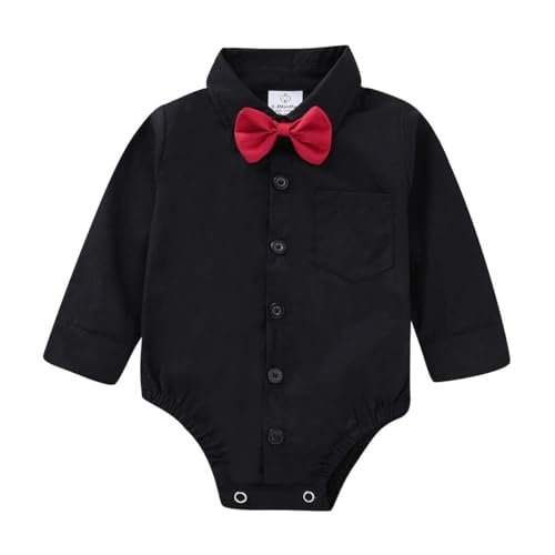 OPAWO Baby Shirt Romper 100% Organic Cotton Newborn Vests, Long Sleeve Bodysuits for Baby Boys and Girls, Bow-tie Button Down Babies T Shirts for Wedding Suit Christening Outfit (Black L,18-24 Months)