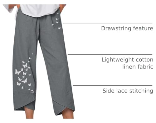 Image of Cotton Linen Capri Pants for Women 2025 Casual Printed Cropped Palazzo Pants Elastic Waist Lounge Baggy Trousers