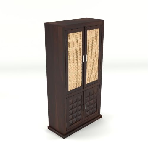 Image of Solid Sheesham Wood Almirah with Cane Doors & Geometric Carved Panels | 4 Door Wooden Wardrobe for Bedroom