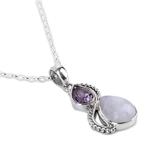 NOVICA Artisan Handcrafted Amethyst Rainbow Moonstone Pendant Necklace | Sterling Silver Teardrop Pendant Necklace | Silver with Faceted Sterling Clear Purple from India Two Teardrop Necklace3