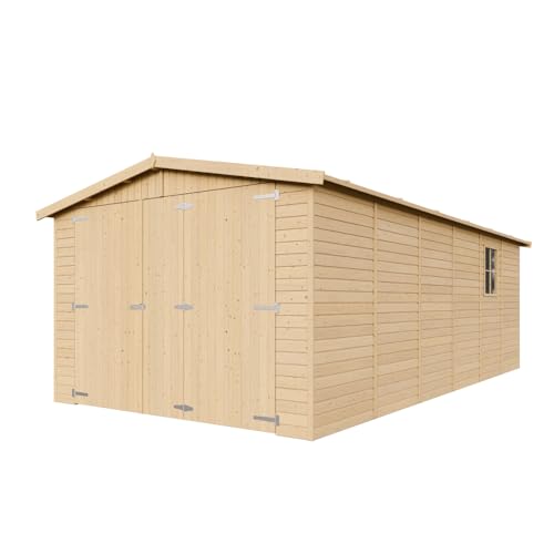 Foto von Holzgarage - Abstellraum mit Fenstern- H222x616x324 cm /18 m2 - Plattenkonstruktion aus Naturholz - Gartenwerkstatt - Auto- und Geräteschuppen -TIMBELA M102