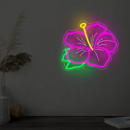 Image of Hibiscus Neon Sign Hibiscus Flower Neon Light Hawaii Floral Neon Light Tropical Flower Sign Home Wall Art Decoration, 15 inchx12 inch, Pink