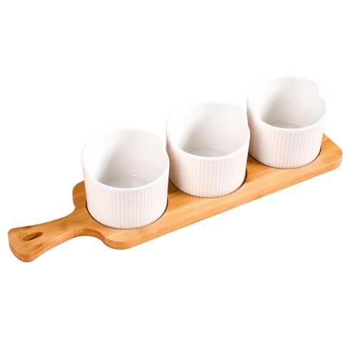 Image of Nestasia Ribbed Ceramic Bowls Set with Wooden Tray 180ml | Food-Safe, Non-Toxic | Ideal for Dips, Snacks, Treats, Dry Fruits, and Desserts