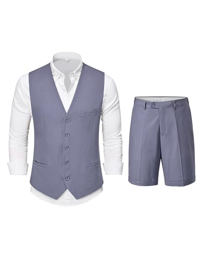 YND 2-Piece Men's Linen Waistcoat Shorts, Lightweight Vest Pants
