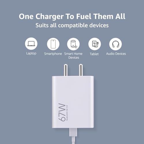 Image of QC 3.0 67W Fast Charger With Cable | Super Speed Charging Combo Pack Compatible With Redmi, Xiaomi, Poco, iQOO, Samsung, Motorola & More