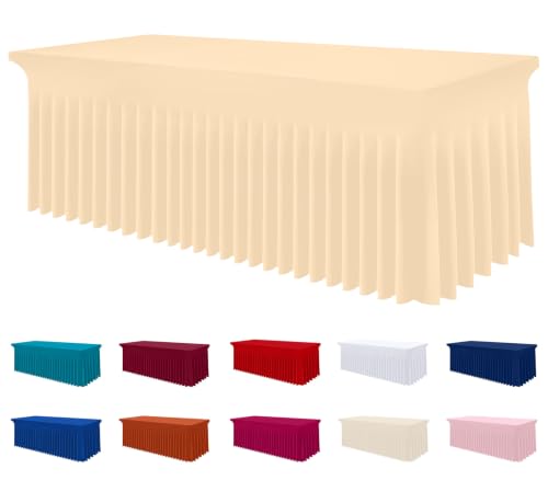 Image of Smiry Spandex Elastic Fitted Table Cloth Skirt for 8FT Rectangle Table | Stretch Washable Table Cloth, Banquet Table Cover for Wedding, Party, Indoor & Trade Shows, (Ivory, 96Lx30Wx30H)
