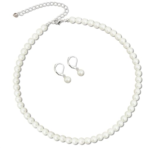 S SUSANN Costume Layered Twisted Gold Pearl Necklace Choker Chunky Glass Statement Pearl Necklace and Earring set, good gift for women Faux pearl necklace set (7MM Silver Milk White Pearl)