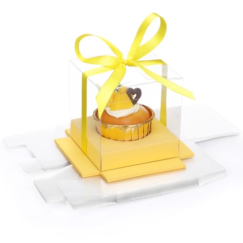 EUSOAR Clear Cupcake Boxes, 12 Pack 3.5 Inch Plastic Individual Transparent Cupcake Containers with Ribbon, Pastry Muffins Gift Holder Clear Disposable Cake Carriers Display for Wedding Party Bakery