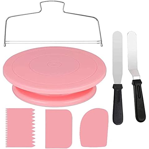 Rotating Cake Stand Cake Turntable Cake Decorating Turntable Cake Accessory Set with 2 Angled Palette Set, 3 Icing Smoother, 1 Cake Base Divider for Baking Pastries (Pink) Cover