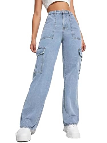 Image of Glossia Fashion High Waist Cargo Denim Jeans for Women Wide Leg Stretchable Straight Fit Jeans(WJ1-1215-$)