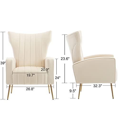 Homefun Accent Chair Set Of 2, Velvet Wingback Armchair Modern Upholstered Single Sofa With Metal Legs For Living Room Bedroom Nursery, Beige #TOP2