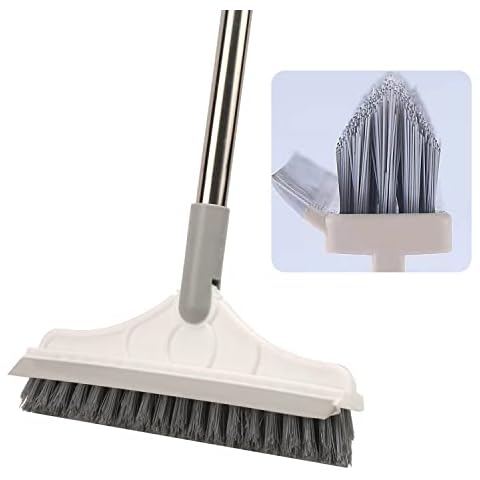 Grout Brush Scrape 2 in 1 Floor Scrub Brush with Long Handle V-Shape Cleaning Brush Stiff Bristle Brush Scrubber with Squeegee 120°Rotating Tile Brush for Cleaning Bathroom Glass Patio Kitchen Wall Cover