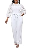 IWFEV Women's Jumpsuit Puff Sleeve Lace Jumpsuit Mid-Calf Short Sleeve Hollow Party Evening Romper with Pockets M White