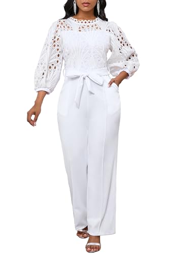 IWFEV Women's Jumpsuit Puff Sleeve Lace Jumpsuit Mid-Calf Short Sleeve Hollow Party Evening Romper with Pockets L White