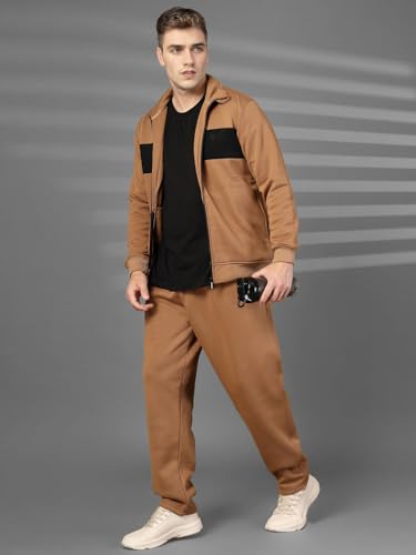 Image of CHKOKKO Mens High Neck Winter Tracksuit Full Zip Jacket with Elastic Waist Lower Warm and Soft Activewear Set for Gym Running and Casual Use Golden Brown S