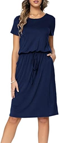 levaca Womens Summer Pockets Modest Work Casual Midi Knee Length Dress Navy L