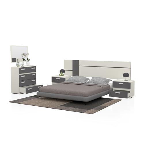 duehome | Pack de Dormitorio con Cabecero + 2 mesitas de Noche + Comoda y Espejo, Conjunto de Dormitorio, Dormitorio Completo, Modelo Ataneq Air 4c, Acabado en Blanco y Grafito, CP_ATANEQAIR4C