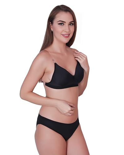 Image of UNITRUST Premium Lycra Transparent Strap Padded Bra with Matching Panty Set Designer Ultra Soft Lingerie Set for Women