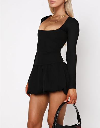 Hyperfire Women'S Elegant Long Sleeve Scoop Neck Puff Bubble Mini Cocktail Dress Party Club Black Small thumb #3