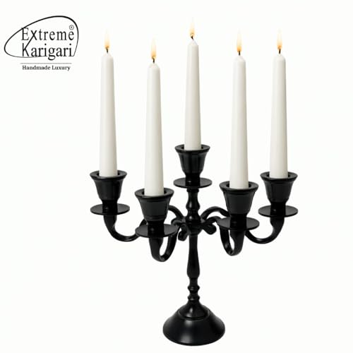 Image of Aluminum 5-Arm 8inch Black Matt Candelabra for Dining Table | Vintage Candle Stand for Romantic Dinner, Home & Wedding Decor