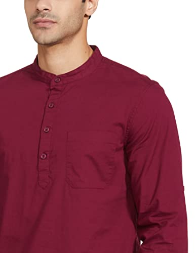 Buy Amazon Brand - Symbol Men's 100% Cotton Regular Fit Casual Shirt (Kurta Placket Style) Amaranth M at Amazon.in - Image 4