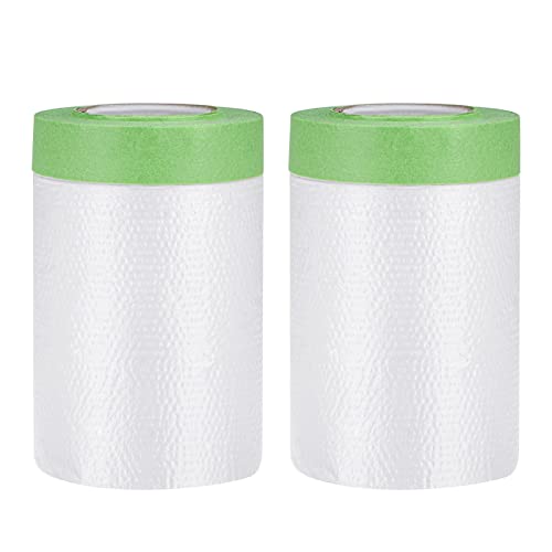 Image of uxcell Pre-Taped Masking Film, 12 inch x 82ft, Plastic Drop Cloth with Low-Tack Painters Tape for Painting Protection Green 2Pcs
