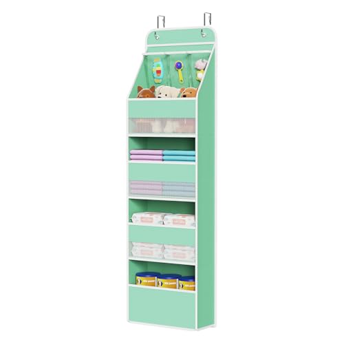 Image of Univivi 5-Shelf Fabric Door Storage Over Door Hanging Organizer with 4 Large Pockets and 3 Small PVC Pockets Nursery Closet Cabinet Wall Mount Hanging Storage Organizers for Baby Nursery (Green)