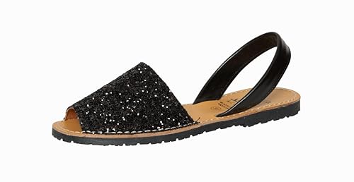 Image of C.Ortuño Avarcas Women's Genuine Leather Summer Sandals Glitter Espandrillos Menorquinas Menorca Sandals (Black, EU Shoe Size System, Adults, Women, Numeric, M, 40), 201P, black, 8 UK