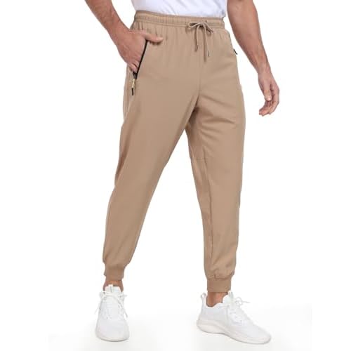 Mens Jogger Lightweight Athletic Workout Pants Quick Dry Breathable Track Jogging Sweat Pants for Exercise Gym 28 Inches Inseam Large Khaki