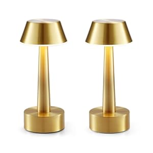 2 Pack Small Cordless Table Lamp, Battery Operated Gold Lamp for Restaurant Dinner Table, Rechargeable 3-Way Dimmable Touch Light Portable Metal Night Light for Bedside Dining Room Patio Bar Outdoor