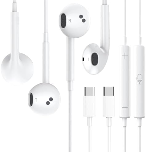 2 Packs USB C Headphones，Type C for iPhone Wired Headphones for iPhone 16/15/17 Earbuds with Mic and Volume Control，Hi-Fi Stereo In Ear Earphones for Galaxy S24/S23~S20/Ultra Note 10/20，White+White