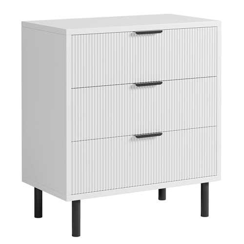 GarveeHome White Fluted 3 Drawers Dresser, Wide Wood Chest of Drawers, Modern Storage Dresser Chest of Drawers Organizer with Metal Legs and Anti-Tipping Device for Bedroom Living Room
