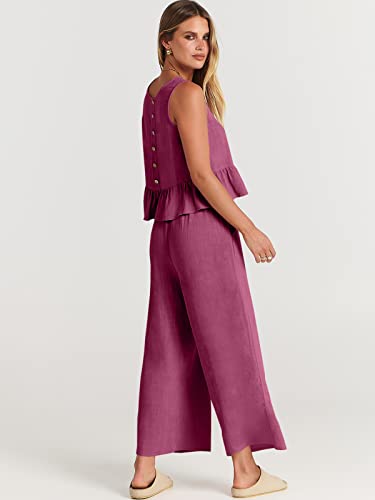 Image of ANRABESS Women's Summer 2 Piece Outfits Sleeveless Tank Crop Button Back Top Cropped Wide Leg Pants Set Pockets, Fuchsia, Small