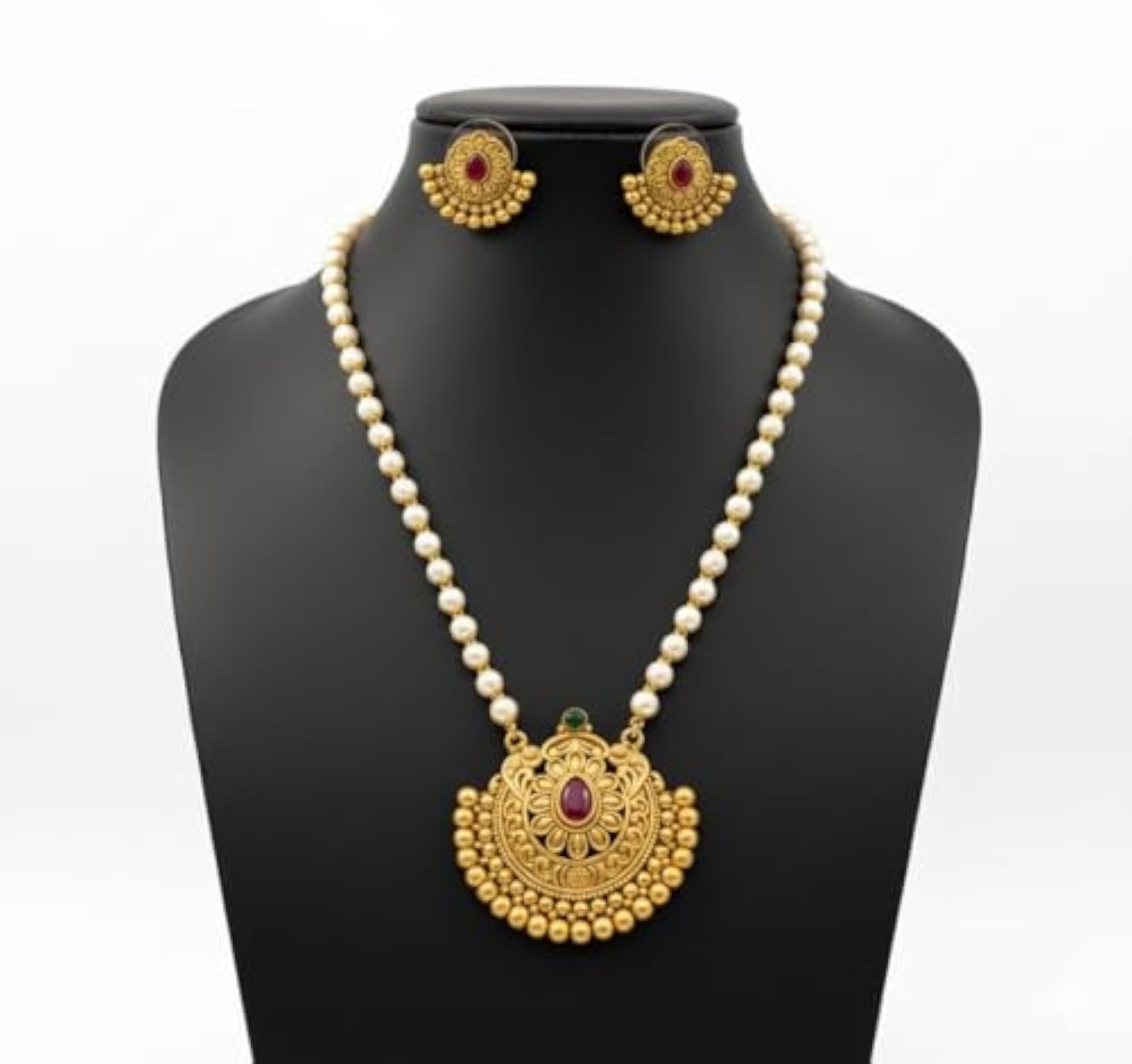 Traditional Moti Off White Mala Necklace Set with Earrings