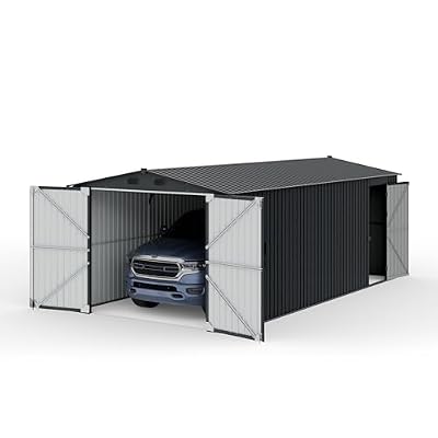 Sunjoy Outdoor Storage Shed 10 x 20 ft. Carport, Patio Metal Utility Large Storage Shed Garage with 2 Doors and 4 Vents, for Car, Truck, Bike, Garbage Can, Tool, Lawnmower, Dark Grey