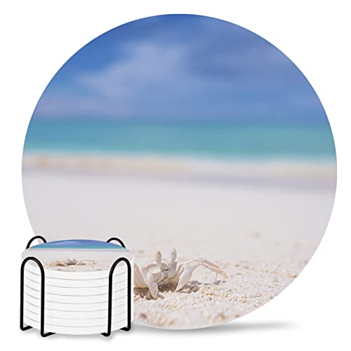 Absorbent Coaster Ceramic Stone Set of 8 with Cup Holder, Summer Beach Coastal Crabs Drink Coasters with Cork Base, Sea Creatures Cup Place Mats for Holiday Party Family Dining