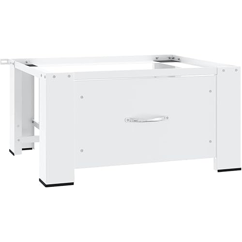 vidaXL Heavy-Duty Steel Washing Machine Pedestal with Storage Drawer - White, Suitable for All Standard Washing Machines and Dryers, Non-Slip and Scratch Protection Design