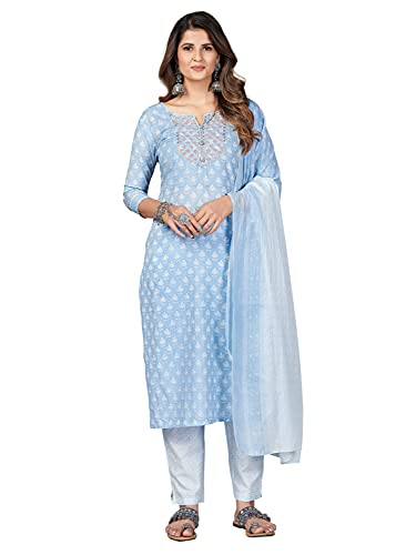 Image of Vbuyz Women's Printed & Embroidered Straight Cotton Stitched Kurta Pant with Dupatta