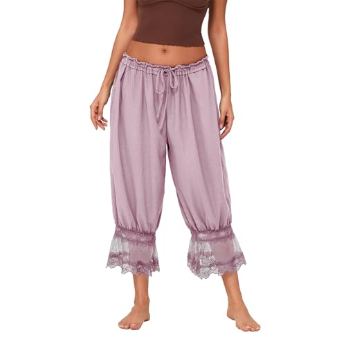 Women Long Bloomer Pants Y2K Elastic Waist Lace Trim Pantaloons Cropped Slip Pants Loose Casual Capri Pajama Bottoms