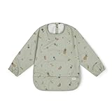 Lalo Smock Bib - Long Sleeve Bib for Infants and Toddlers - Elastic Cuffs, Large Catch-All Pocket, Waterproof Recycled Polyester - Easy to Clean for Mealtime and Art Time - Fruit Print Sage Infant