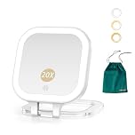 Mocado 1X/20X Magnifying Mirror with Light，Double Sides Makeup Mirror with 3 Color Lights, Rechargeable Foldable Mirrors for Travel, Dimmable Touch Screen, Pocket - White