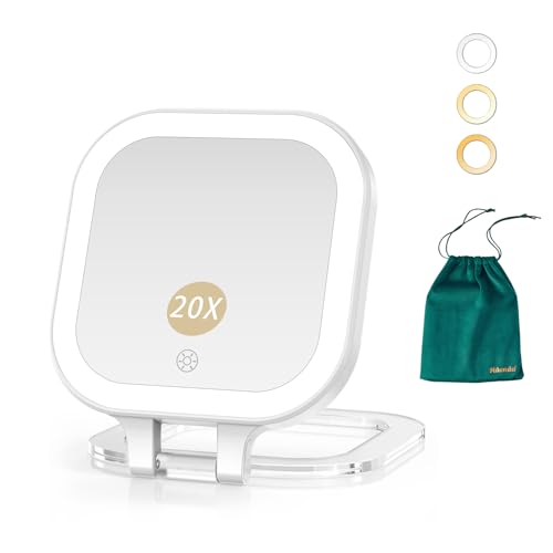 Mocado 1X/20X Magnifying Mirror with Light，Double Sides Makeup Mirror with 3 Color Lights, Rechargeable Foldable Mirrors for Travel, Dimmable Touch Screen, Pocket - White