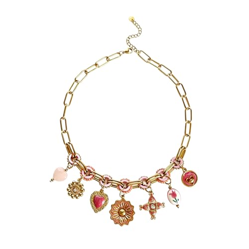 Collier fleurs cœur émaillé cadeau idéal avec chaîne réglable