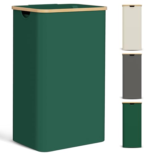 YOUDENOVA Cesta para la ropa sucia con tapa, 85 L, estrecha, con bolsa de lavandería, grande, plegable, de madera, bambú, cesta alta, color verde