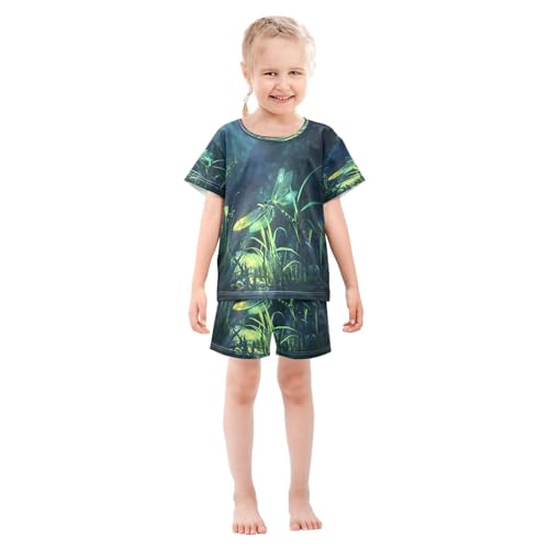 ALAZA Dragonfly Green Leaf Pajamas Set Short Sleeve Cotton Sleepwear Summer Pjs 2 Piece 5-14Y3