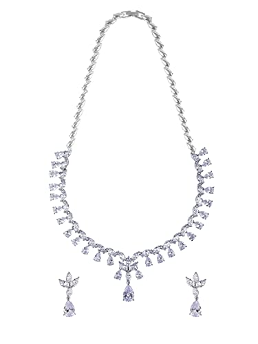 Image of Yellow Chimes Jewellery Set for Women Rhodium Plated Cubic Zircon Silver Necklace with Earring Set Floral Design Classic CZ Stoned Jewellery Set for Women and Girls