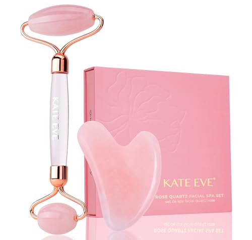 Kate Eve Rose Quartz Roller & Gua Sha Set – 100% Natural Crystal Facial Massage Tools for All Skin Types | Self-Care Facial Massage Ritual | Anti-Aging, Reduces Puffiness & Firms Skin